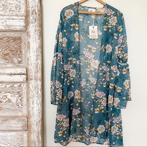 🌿Grace & Emma XL Women's Green Floral Long Cardigan Kimono Bell Sleeve Boho